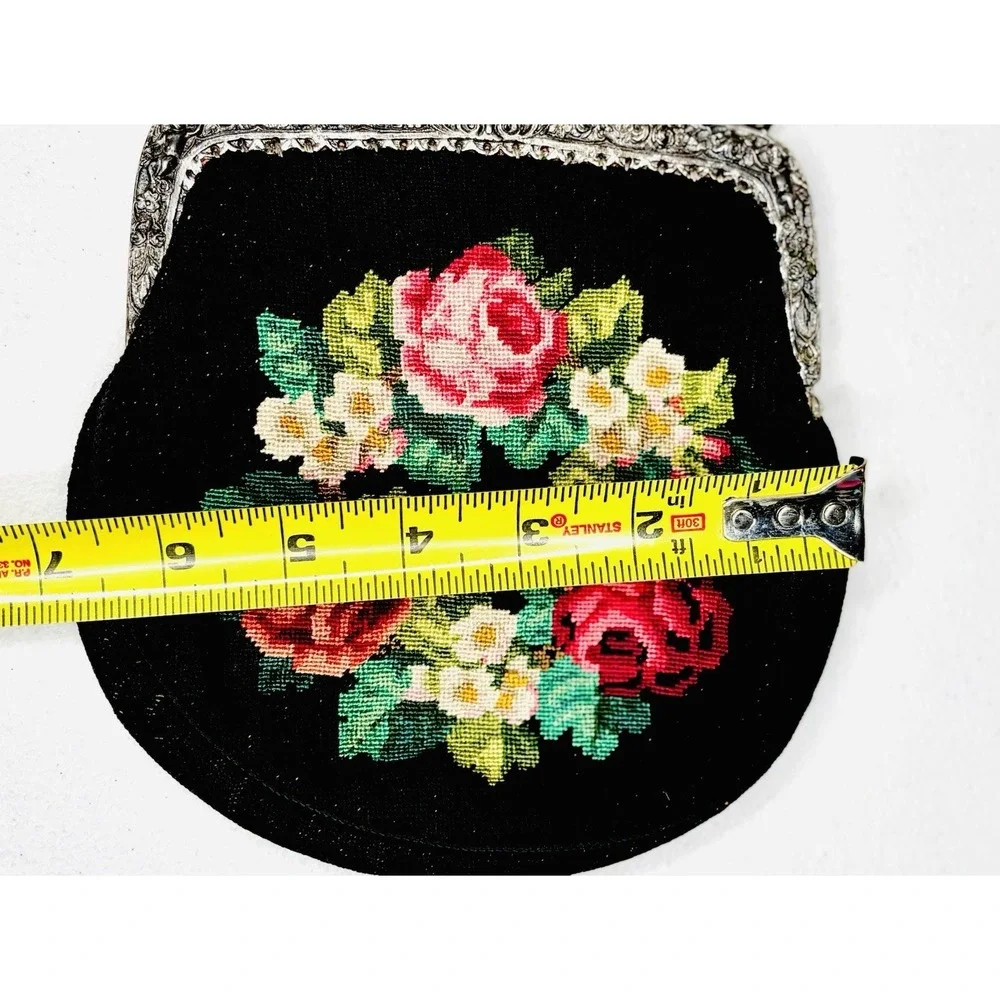 1920s Needlepoint Purse Floral Rose Silver Repousse Frame Micro Petit Point